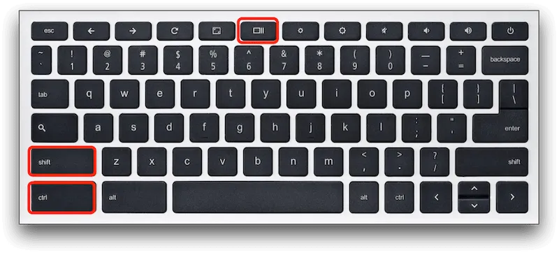 Chromebook keyboard showing Ctrl, Shift, and Show Windows key highlighted for taking a partial screenshot