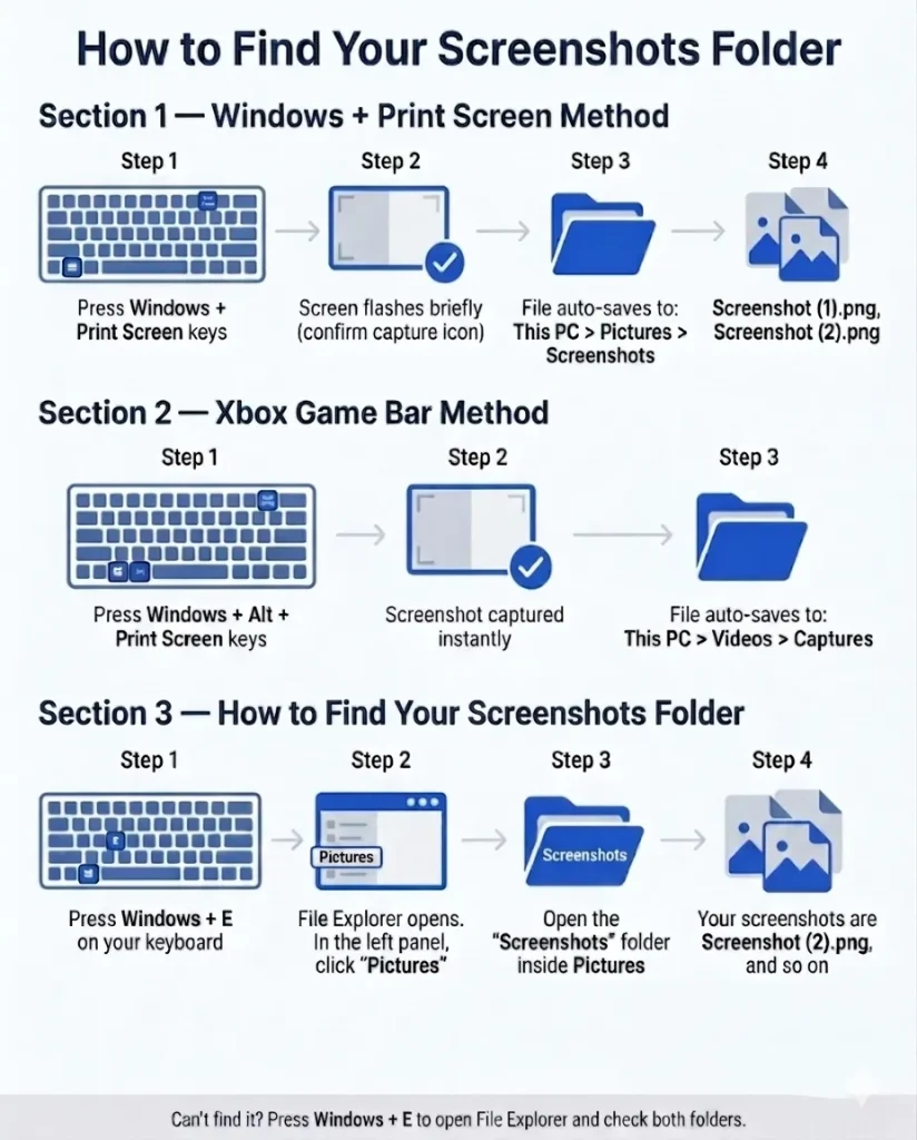 Step-by-step infographic showing how to find screenshots folder on Windows using Print Screen, Xbox Game Bar, and File Explorer methods - screenshot windows